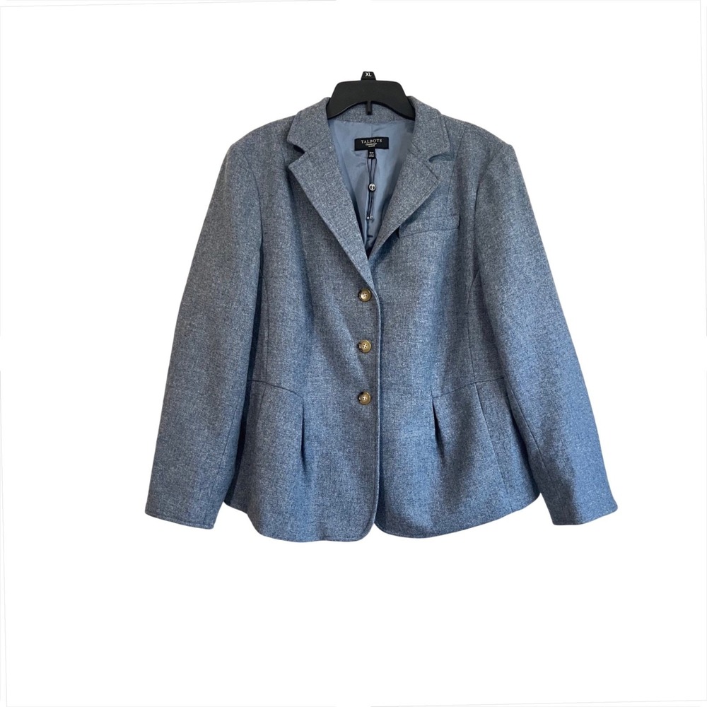 Talbots New 100% Wool Grace Fit Peplum Blazer Jacket Blue Tweed Plus Size 16W